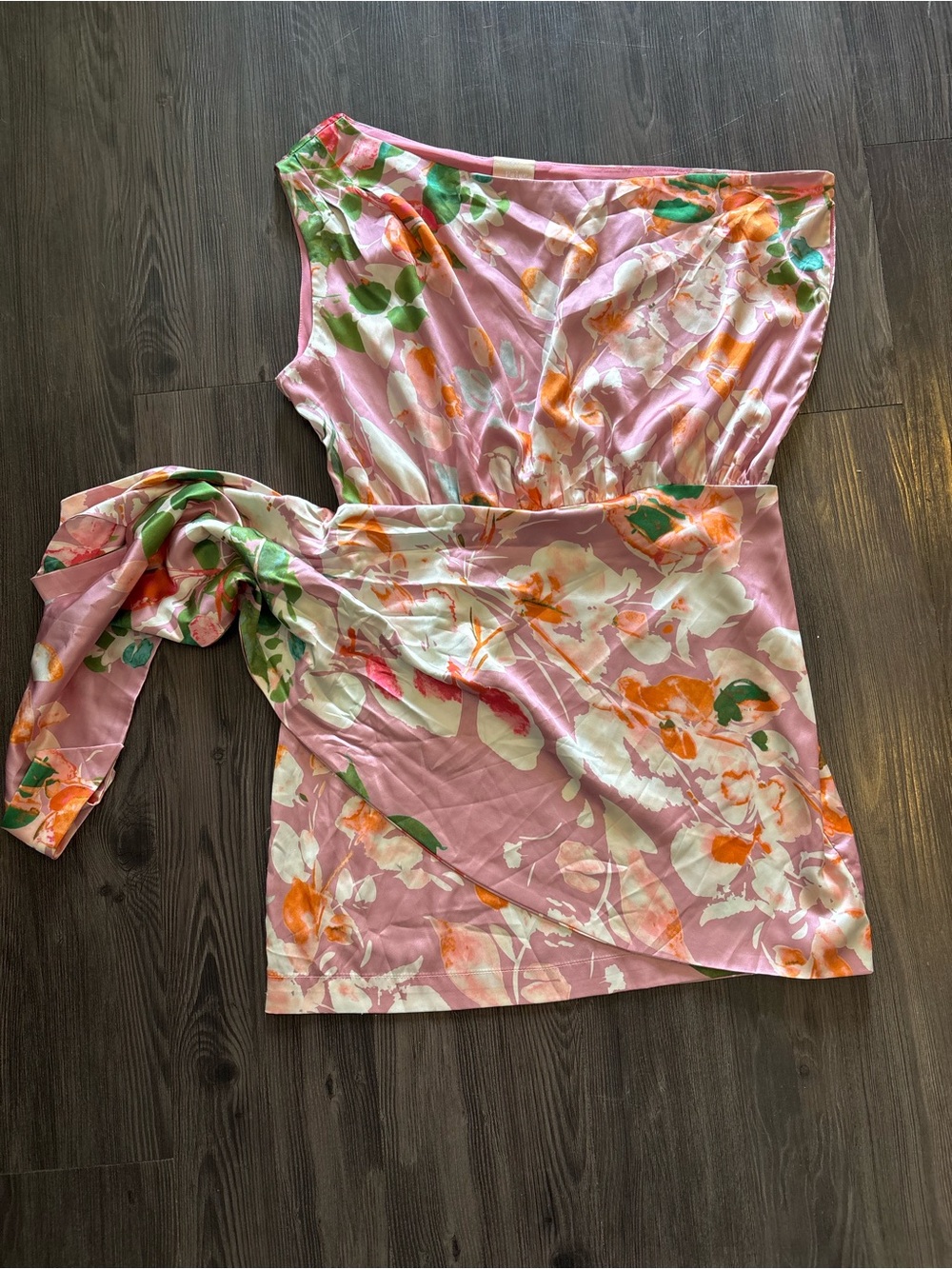 One-Shoulder Pink Floral Mini Dress with Waist Tie
